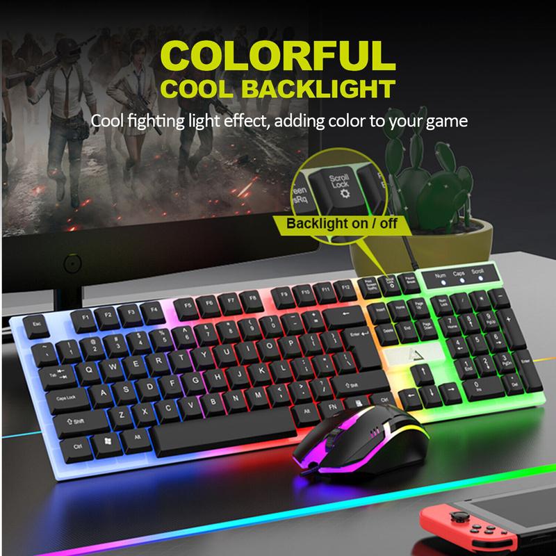 USB Wired Gaming Keyboard Mouse Combo Set RGB LED Backlit For PC / Laptop / Windows / Mac - Black & White