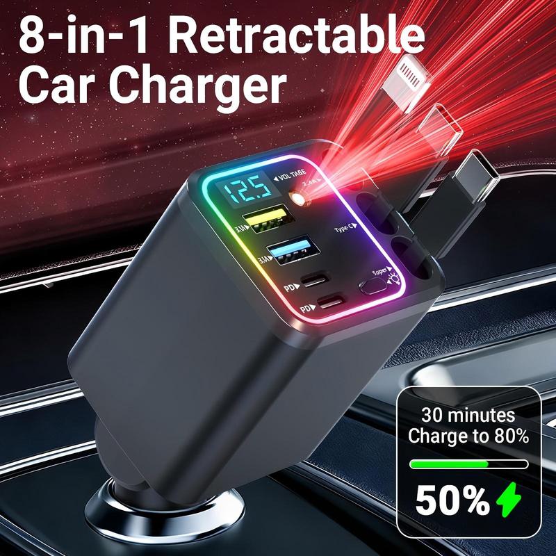 8-in-1 Ultimate Car Charger!  Level up your drive with 60W Starlight projection, retractable cables for zero mess, and 3.1A fast charging. Real-time voltage monitoring keeps your ride safe.  Must-have car gadget for 2026!