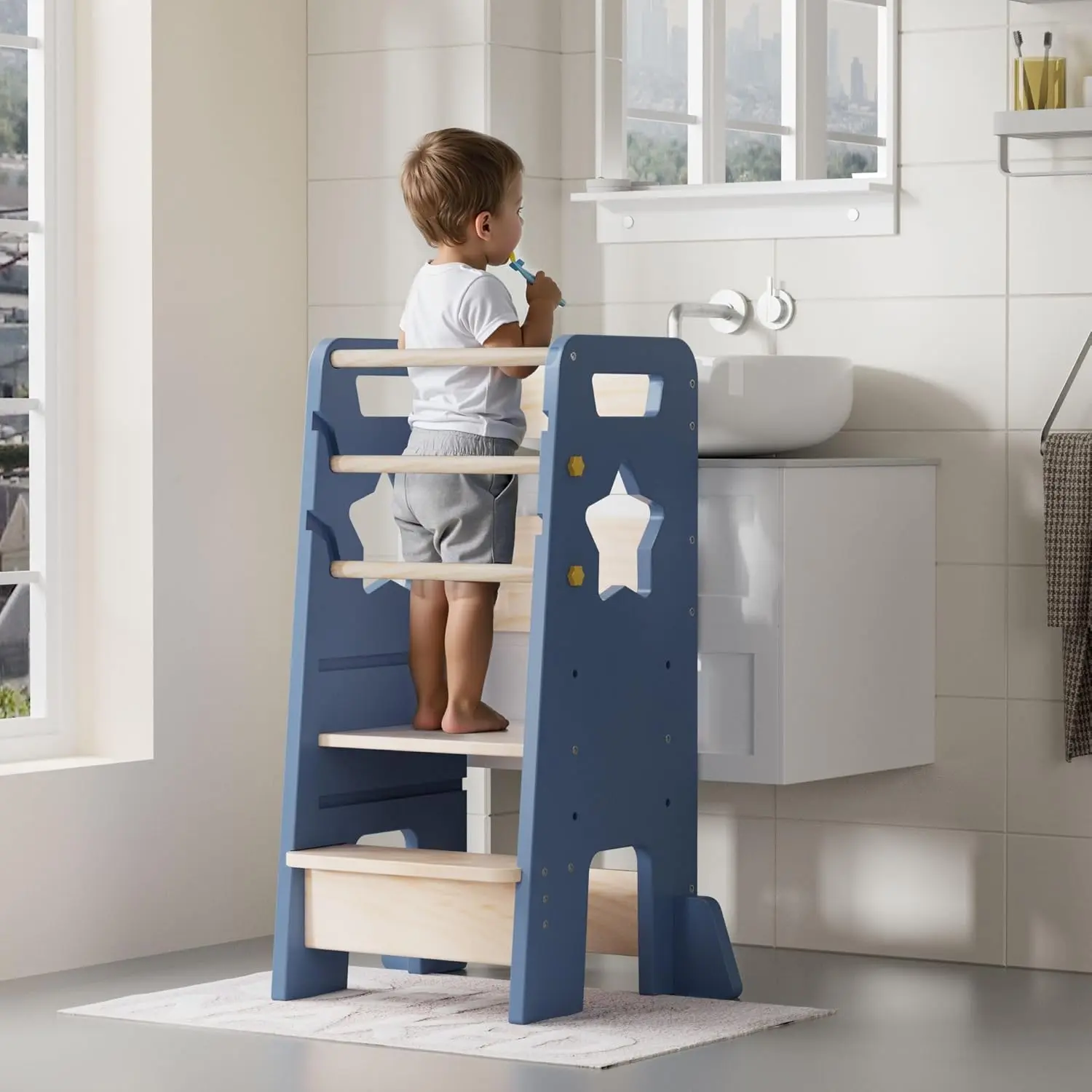 NEKODO Montessori Toddler Standing Tower| Adjustable Height Wooden Kitchen Step Stool with Safety Rails for Kids 1-5, Mist Blue/white Step Stool Ladder Wooden Bench