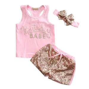 Infant Baby Girls Summer Clothes Set Sleeveless Birthday Girl Print I-shaped Vest Tops Sequins Shorts Headband Infant 3Pcs Princess Outfits