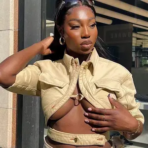 Street Wear Top - Beige Color, Button Front, Short Sleeves, Classic Style, Womenswear - Shirts