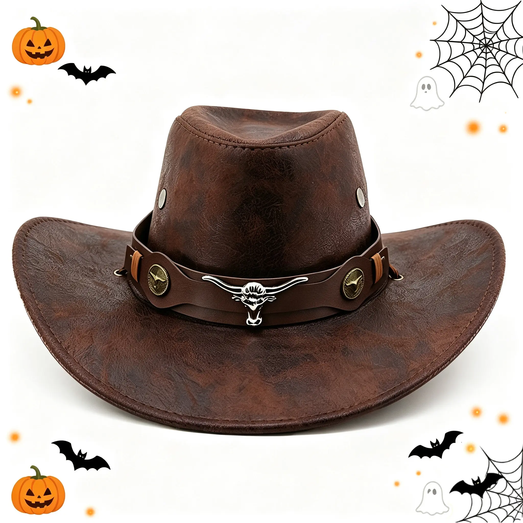 Unisex Arthur Morgan Vintage Cracked Polyester Cowboy Hat - American Traditional Western Country Style, Bull Skull Metal Band, Adjustable, Casual Business Ceremony Use, Memorial Day Commemorative, Halloween Cosplay Accessory