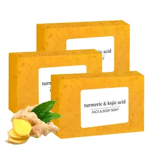 3PCS Turmeric Soap  Lemon Turmeric Kojic Soap Bar for Face and Body, Organic Daily Use Skin Care Soaps, Deep Cleansing Moisturizing, Handmade Soaps for All Skin Types(soap bag gift)