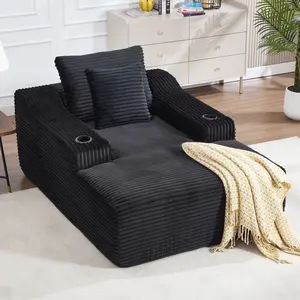 67" Chaise Lounge Chair 9.9'' Wide Armrest Indoor Corduroy Oversized Sleeper Sofa for Living Room Deep Seat Lounge and 2 Soft Pillows Convertible Boneless Sofa Bed, Black,No Assembly Required