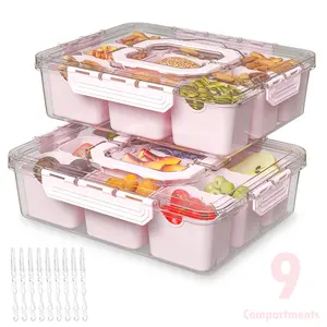 2 Pack, Pink Divided Serving Tray with Lid and Handles 9 Compartments Snack Box Container Charcuterie Organizer Snackle Box Container for Candy,Nuts,Fruits,Snacks