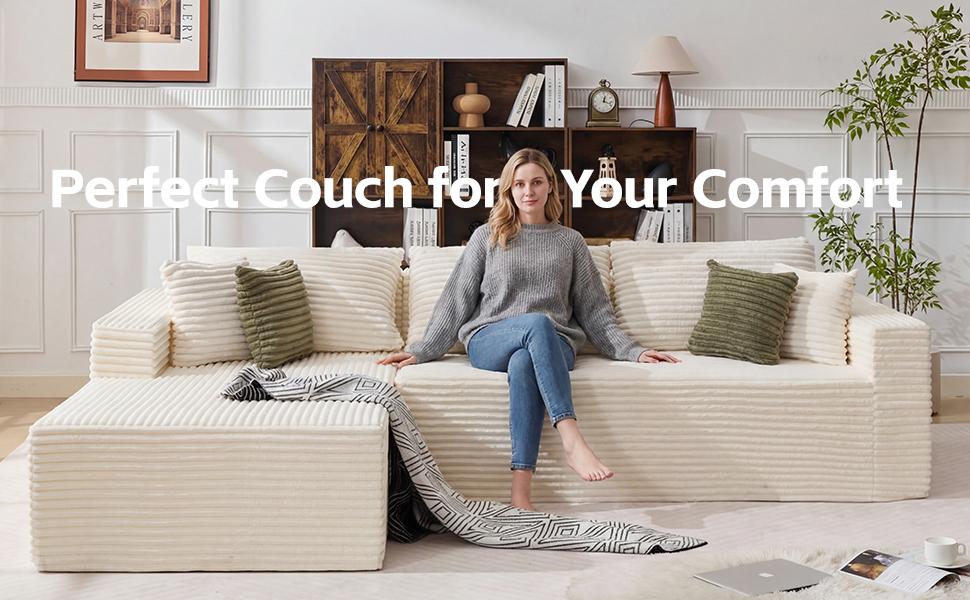 AnyGod 108" Boneless Couch for Living Room Modular Sectional Sofa with Oversized Chaise L-Shape Cloud Couch Deep Seat High-Density Memory Foam No Assembly Plush Corduroy White