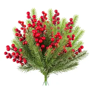 30 Pieces Artificial Pine Branches Christmas Holly Berries Artificial Red Berry Stems for Christmas Wreath Decorations Xmas Tree Decoration