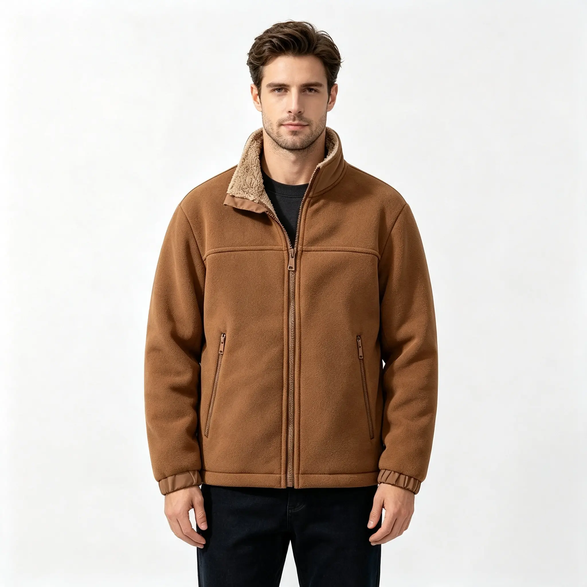 Men's 2-Piece Winter Outerwear Set, Reversible Fleece Jacket with Thick Down Lining, Full-Zip Stand Collar, Casual Outdoor Windproof Menswear Coat
