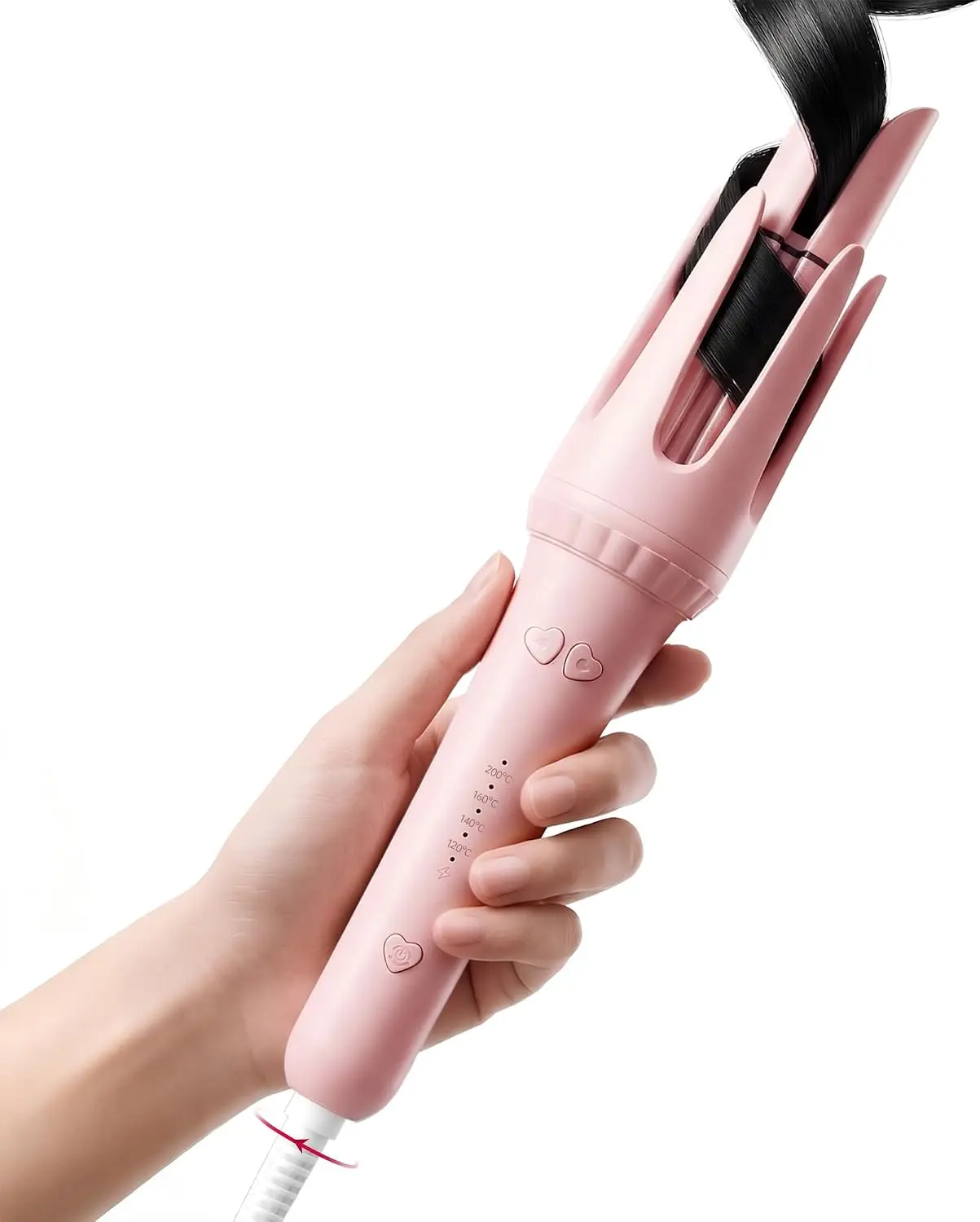 Myhox Auto Curling Iron 1.25", 4 Temp, Rotating Hair Curler for Beach Waves, Ceramic Curling Wand with Anti-Scald & Anti-Tangle for Long Hair, Dual Voltage, Pink