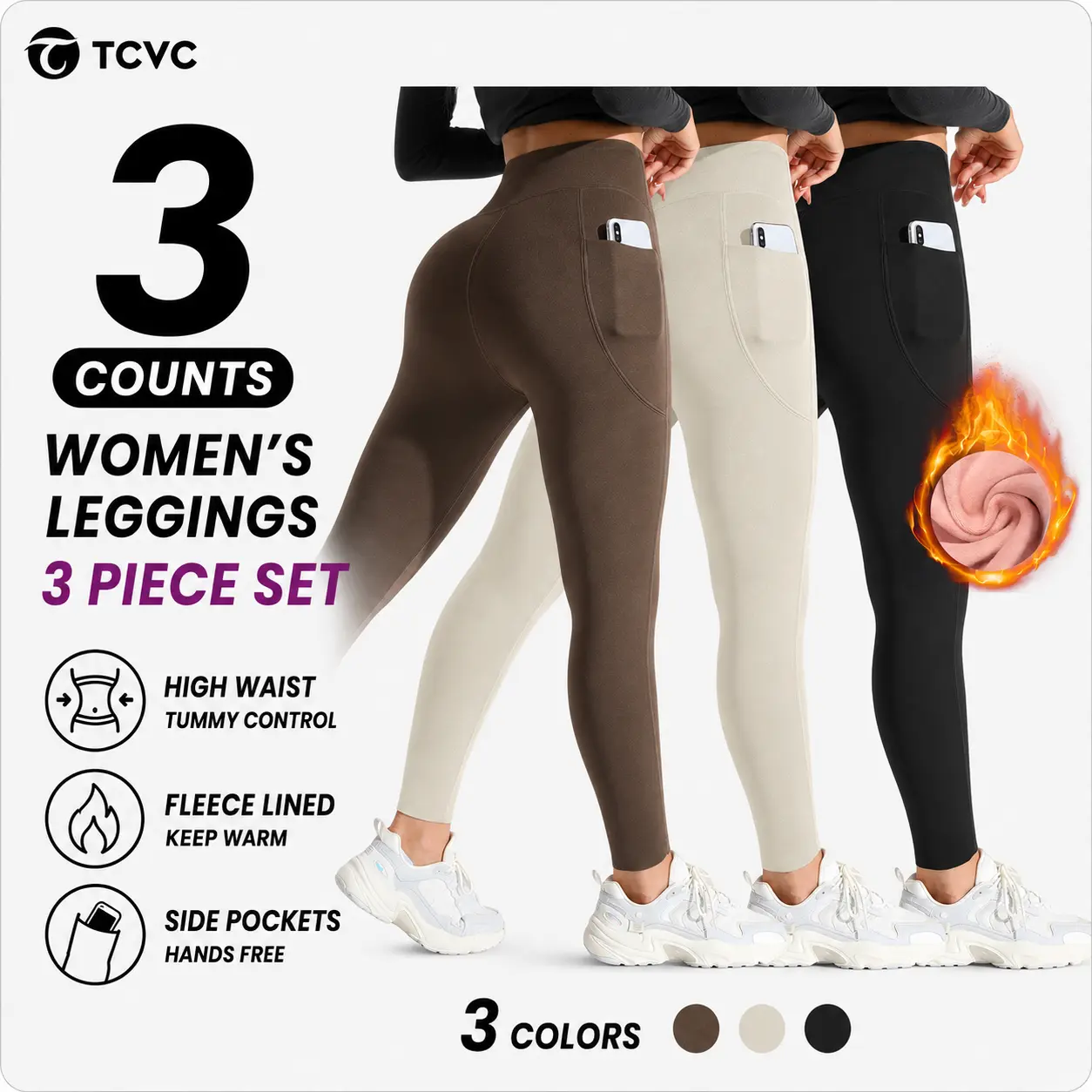TCVC Women's Autumn & Winter Thermal Leggings | High Waist Velvet Lined | Side Pockets, Antibacterial & Stretchy | Plus Size for Party & Daily Warmth