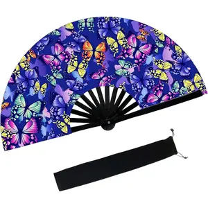 Large Folding Hand Rave Fan,Clack Handheld with Fan Bag,for Line Dancing,Music Festivals,Carnival,Rainbow Outfits,Disco,Neon, Glow Party Decorations Supplies. Butterfly