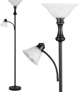 71'' Floor Lamps for Living Room, Tall Floor Lamp for Bedroom with Adjustable Angle Arc Reading lamp, Modern Torchiere Standing lamp with Glass Shade, Knob Switch, Bulb Included, Black