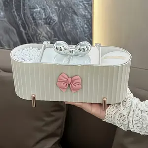 1pc 3 Grid Makeup Organizer Box Cute Bow Straw Pink Compact Storage Case Large Capacity Transparent Lid for Bathroom Vanity Decor Birthday Christmas Halloween Gift