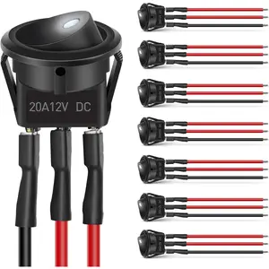 8PCS Round Rocker Switches 12V 24V 20A White LED Toggle swtiches SPST with 16AWG Presoldered Wires 3Pin 2Position for Car Truck Vehicle Boat Marine Rocker On Off Control