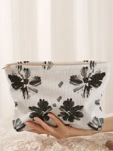 Floral Printed Corduroy Makeup Bag, Cartoon Style, Cute Lightweight Multi-Functional Fashion Casual Cosmetic Pouch, Travel Organizer