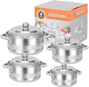 Stainless Steel Soup Pot Set, 4 Pieces, with Lids, Silver Finish, Decorative Diamond Pattern
