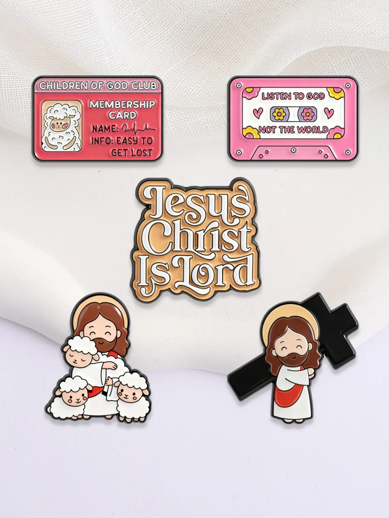 5PCS Christian Jesus Faith Cartoon Enamel Pin, Enamel Lapel Pins, Lapel Brooch, The Lord is My Shepherd Children of God Jesus Christ Is Lord Holding Sheep Carrying Cross Designs for Believers Christian Backpack Jacket Decoration Gift Accessories