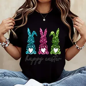 Women Casual Round Neck T-Shirt White Three ColorGlitter Bunny Happy Easter Print For Spring FestivalCelebration