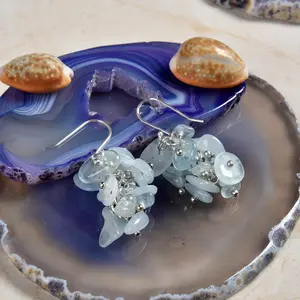 Hand Beaded Aquamarine Gemstone Cluster Dangle Earrings. Natural Aquamarine and Sterling Silver Earring Wire. March birthstone. Bridal Gift.