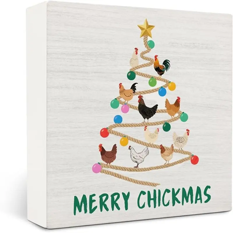 Christmas Chicken Tree Wooden Box Sign Desk Decor, Chicken Christmas Decor, Farmhouse Rustic Xmas Rooster Hen Wood Block Sign for Home Kitchen Desk Table Shelf Wall Decorations, 5x5 Inch