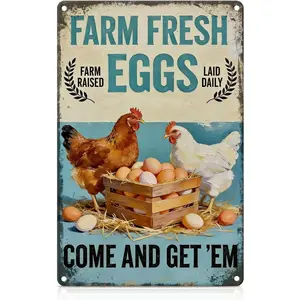 Rustic Farmhouse Chicken Metal Tin Sign Farm Fresh Eggs Sign Wall Art for Farm Coop Decor,Funny Chicken Lovers Gifts