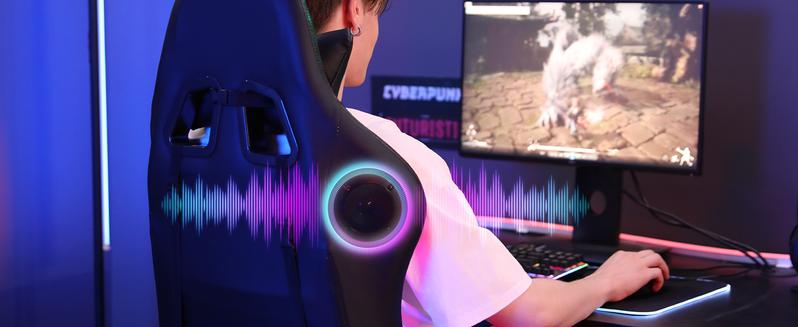 HOFFREE RGB Gaming Chair with Speakers and Massage Ergonomic Computer Chair with Lights and Footrest Reclining Video Game Chairs for Adults Red and Black