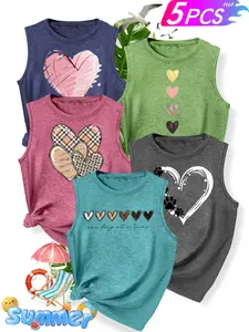 Women's 5-Piece Sleeveless Tank Top Set, Heart & Paw Print, Multiple Colors Available, Machine Washable, Spring & Summer Top, Soft Skin-Friendly Fabric, Daily Versatile, Fashion Design