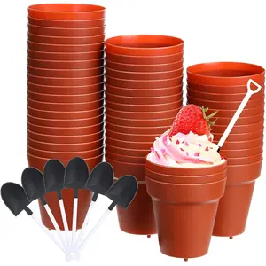 50 Pack Flower Pot Dessert Cups with Shovel Spoons Plastic Cake Desserts Cups for Farmers Market Construction Birthday Party Baking Supplies, Ice Cream, Cupcakes, Yogurt, Pudding