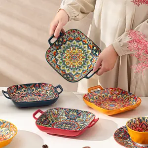9-inch dual ear square plate 4-piece set, stylish Bohemian style tableware, ceramic plates, dishwasher and microwave safe, suitable for holding vegetables, salads, steaks, pasta and other delicious dishes, Dinner Set, Dinnerware