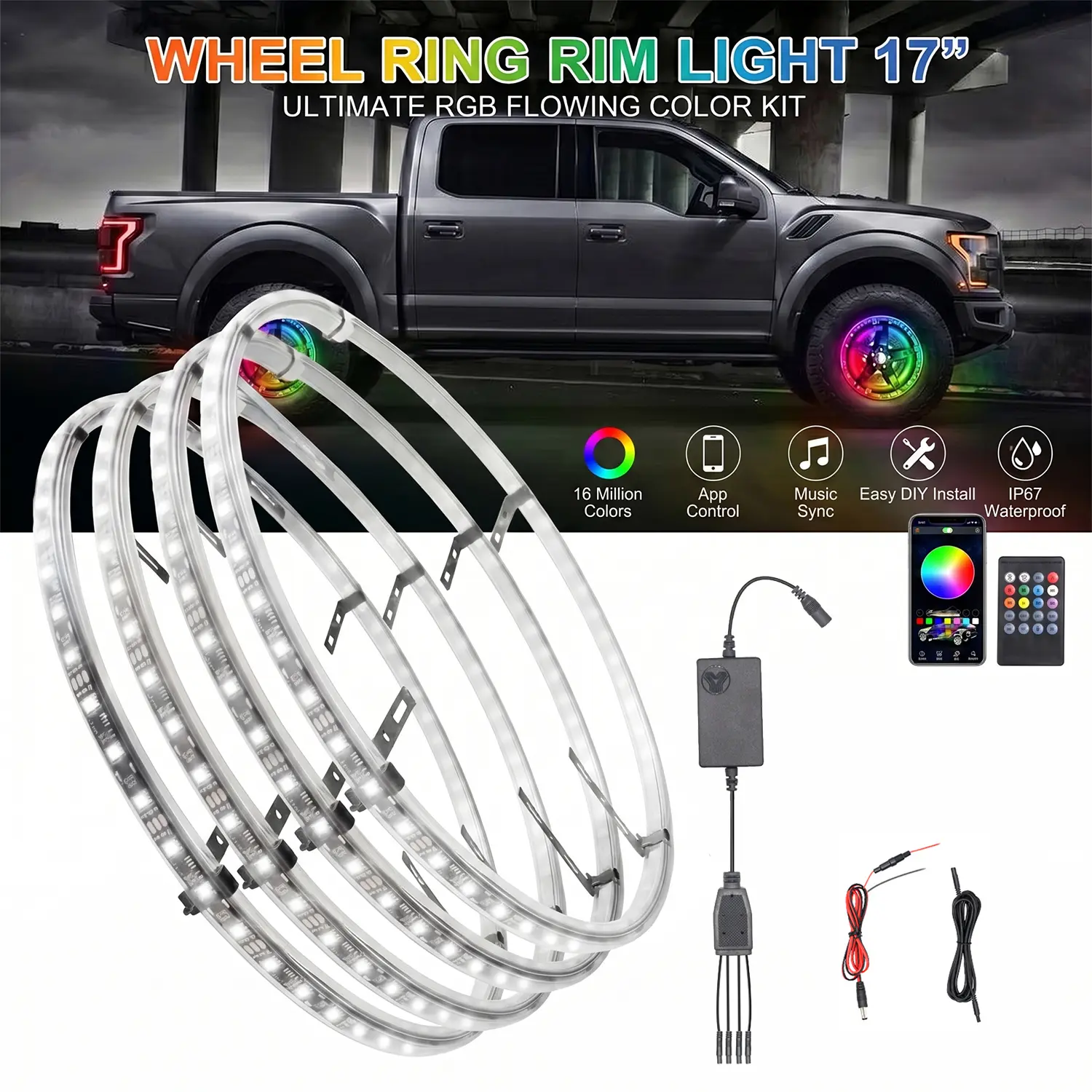 17" Multicolor RGB LED Aluminum Ring Wheel Lights Kit, Chasing Color Tire Rim Lights with Bluetooth App & RF Remote Control, IP67 Waterproof Underglow for Truck, Car Light Kit with App Control Shift Wheel Light, LED Wheel Light