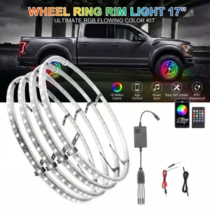 17" Multicolor RGB LED Aluminum Ring Wheel Lights Kit, Chasing Color Tire Rim Lights with Bluetooth App & RF Remote Control, IP67 Waterproof Underglow for Truck, Car Light Kit with App Control