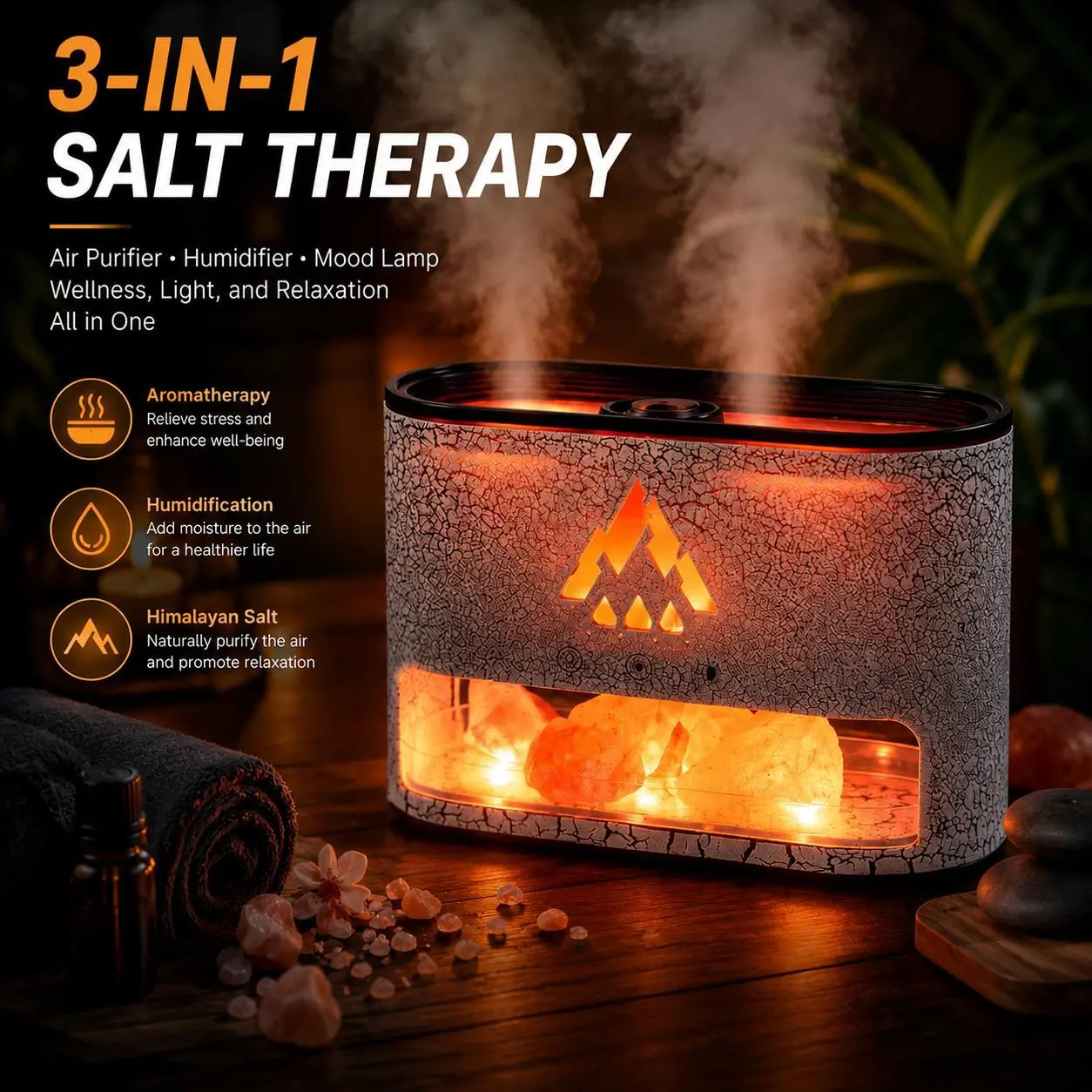 3-in-1 Himalayan Salt Crystal Diffuser Lamp - Aromatherapy Humidifier for Home, Dual Function Aromatherapy Scent Humidifier with Mist + Light, Color Changing Mood Light, Natural Home Decor, Holiday Gift
