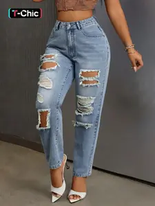 Women's Plain Ripped Straight Leg High Rise Cropped Jeans, Casual Basic Fashion Denim Pants for Daily Wear, Ladies Bottoms for All Seasons