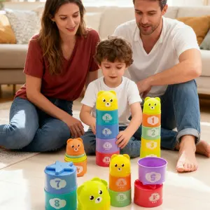 9pcs Baby Educational Stacking Cups Set,Children Classification Science And Education Cognition Large Particle Building Blocks Enlightenment Learning Toys Stacking High Cups, Digital Letter Pattern Stacking Cups Cartoon Bear Baby (Random Colors)