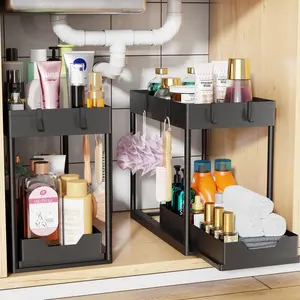 2 Pack 2 Tier Under Sink Organizer with Slide Out Drawers, Pull Out Kitchen Cabinet Organizer with Hooks and Cups, Multi-Purpose Under Sink Storage Shelf for Bathroom Laundry Room, Black