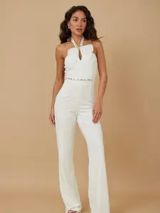 Elegant White Halter Neck Rhinestone Jumpsuit Bow with Flared Leg Design for Casual & Semi-Formal Wear