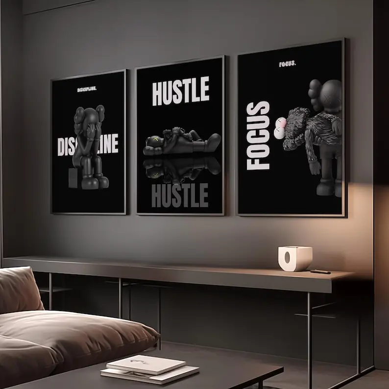 3-Piece Glossy Hanging Motivational Photo Prints Set - Hypebeast Black Man Wall Art, Frame-Not-Included Home Accessories for Living Room, Cool Room Decor, Black Art Wall Decor, Room Accessories, House Decor