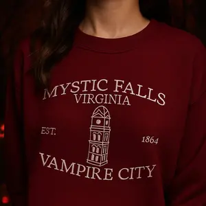 Mystic Falls Embroidery Crewneck Sweater, Vampire Diaries, Cotton