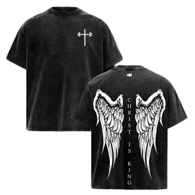 Men's Unisex Christ Is King Easter T-Shirt, Vintage Angel Wings Graphic Top, Oversized Washed Christian Streetwear, Essential Basic Shortsleeve Tee, Tops, Comfortable, Cotton, Everyday, Fit, Round Neck