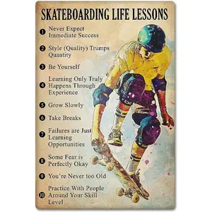 Skateboarding Life Lessons Metal Signs Wall Decor Skateboard Boy Tin Poster Bathroom Decor Bedroom Decor Plaque 12x16 Inches
