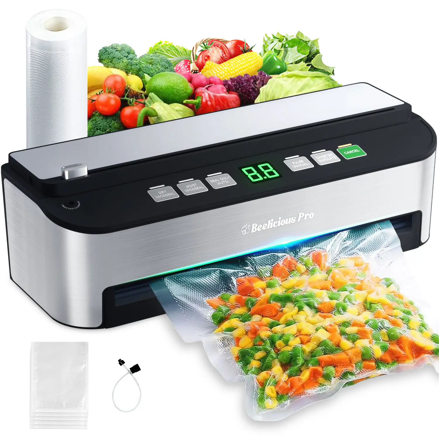 Vacuum Sealer Machine, Beelicious Pro 85KPA Fully Automatic 8-IN-1 Food Sealer with Bags Storage, Build-in Cutter, Moist Mode and Air Suction Hose | D
