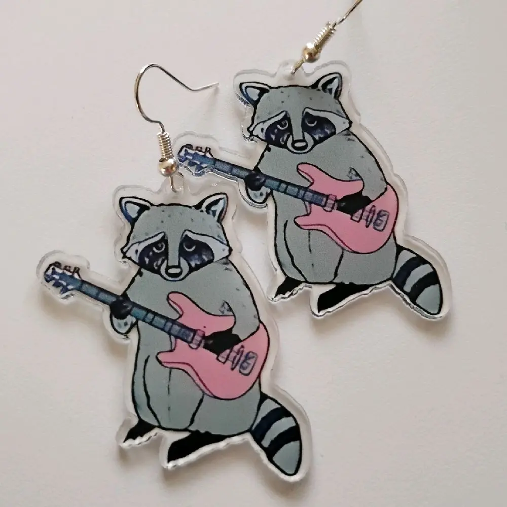 Racoon Playing Guitar Earrings Nickel Free Handmade Red Thriller Horror Gothic Heart Earrings Handcrafted with Care