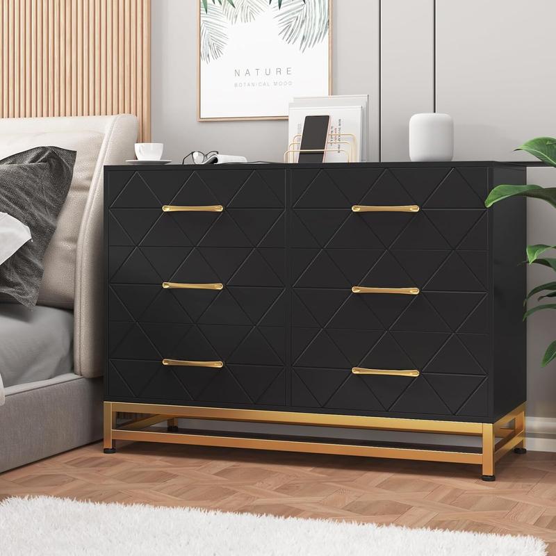 Black Dresser for Bedroom with 6 Drawers, Wood Chest of Drawers, TV Stand, Morden Dresser for Closet, Living Room, Hallway, Nursery