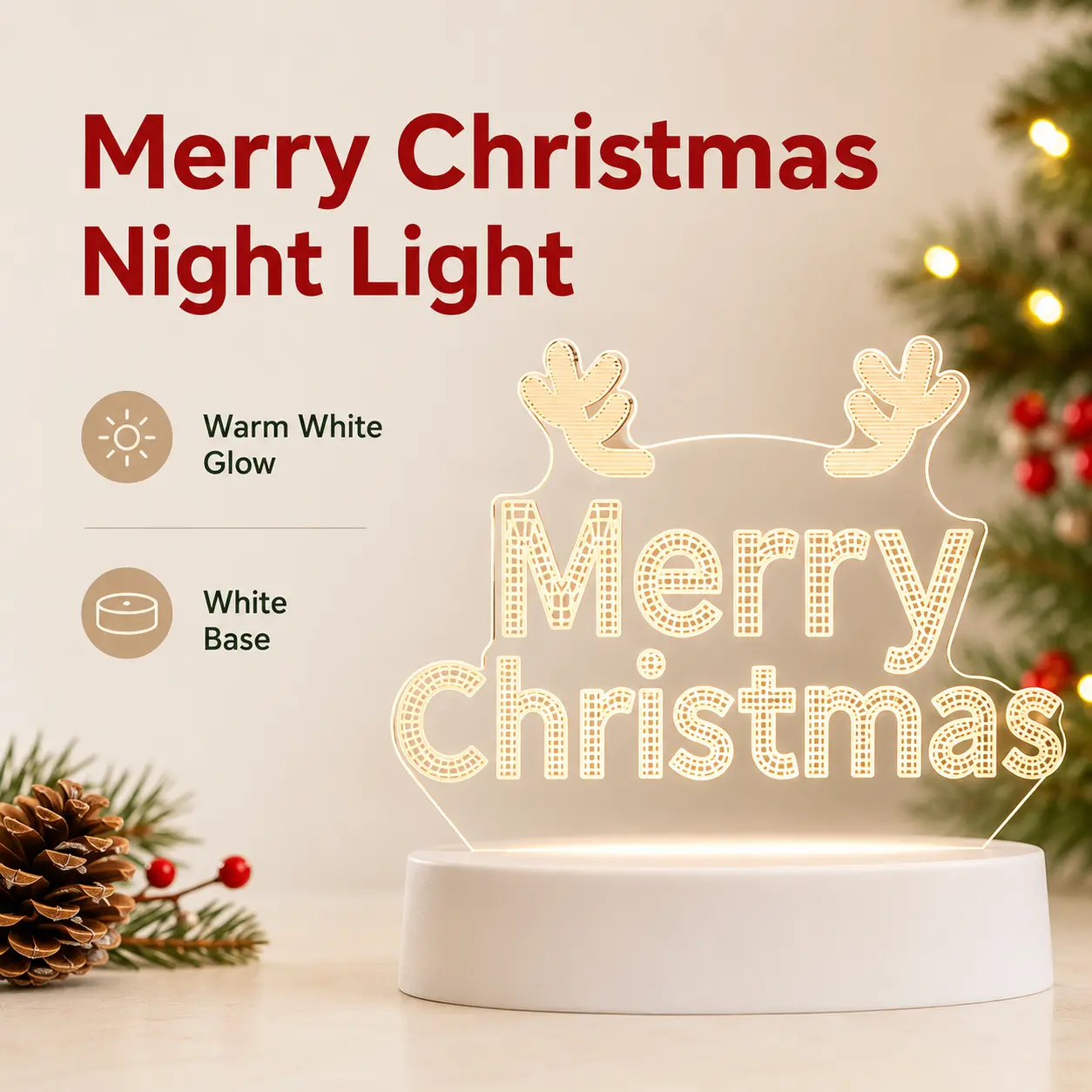 Christmas 3D Acrylic LED Night Light, Warm White Table Lamp for Home Decor, Xmas/Elk/Merry Christmas Design, Perfect Holiday Gift for Kids & Family