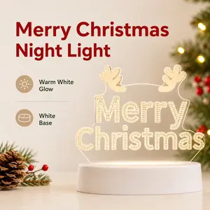 Christmas 3D Acrylic LED Night Light, Warm White Table Lamp for Home Decor, Xmas/Elk/Merry Christmas Design, Perfect Holiday Gift for Kids & Family