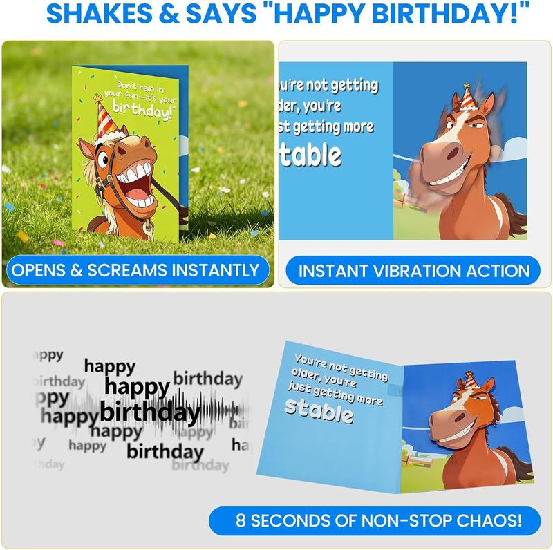 Funny SHAKING & MUSICAL Birthday Cards for Women Men, Hilarious Horse-Themed Pop Up Bday Card with Envelope & Note Card for Friends Coworkers, 5.9 x 7.9 Inches