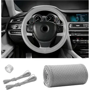 Steering Wheel Cover, Stitch on Wrap, Breathable Anti-Slip  Steering Wheel Protector for Max Diameter 15 Inch, DIY Sewing with  Thread (Gray, Hole)