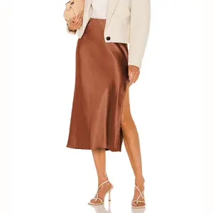 Women's High-Quality Acetate Satin Elastic High-Waist Solid Color Slit Midi Skirt Spring Summer 2026