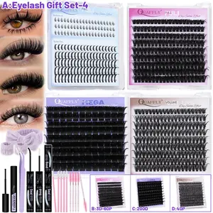Quaffly A:4 Pack Eyelash Kit, Eyelash Extensions Kit, Including Eyelash Glue, Eyelash Remover, Eyelash Curler, Eyelash Brush, Eyelash Tweezers, Eye Makeup Tool for Women, Cosmetic/B:3D-60D/C:200D/D:40P