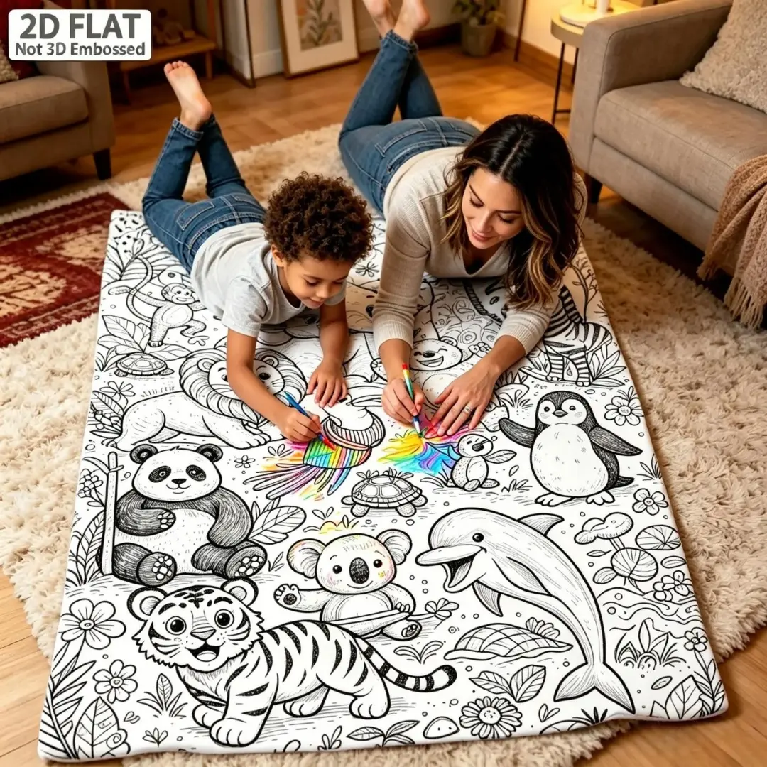 2D Flat Jungle & Ocean Animal Line Art Flannel Throw Blanket - Coloring Book Style Soft All-Season Blanket for Sofa, Camping - Machine Washable Cozy Gift for Kids Animal Lovers